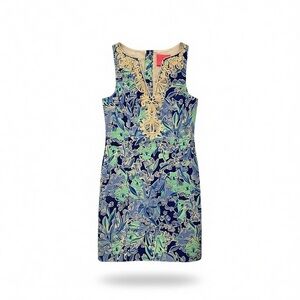 Sleeveless Navy & Green Floral Shift Dress with Embroidered Neckline